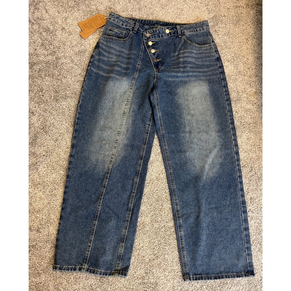 DFGIGT Womens Asymmetrical Crossover Button Fly Wide Leg Jeans Blue Size Medium